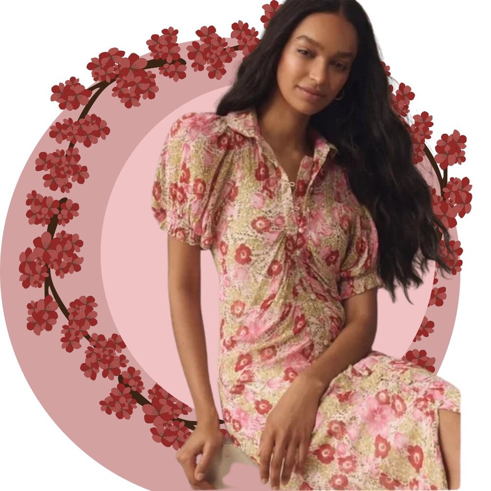 NWT Anthropologie Puff-Sleeve Ruched Mesh Midi Shirt Dress in US 10